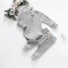 Infant Newborn Baby Girl Boy Spring Autumn Ribbed/Plaid Solid Clothes Sets Long Sleeve Bodysuits Elastic Pants 2PCs Outfits - Image 3