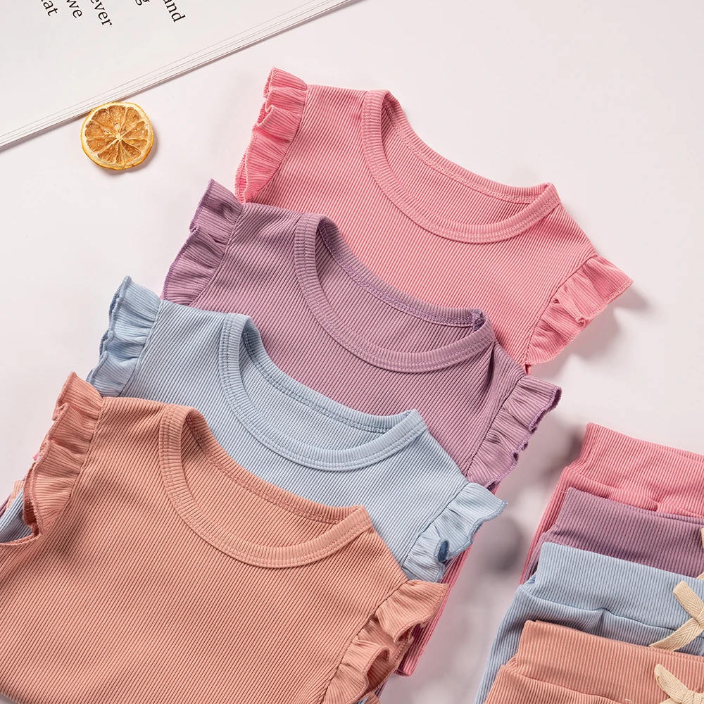 2 Piece Summer Suit for Preschool Girls Solid Color Casual Short Sleeve Shorts for Girls Comfortable and Soft Clothes - Image 2