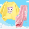 2pcs Girls Clothes Cute Cat Short-sleeved Children T-shirts Pants Suit Cotton Kids Clothing Sets Summer Kids Outfit - Image 2