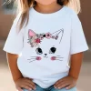 Kids T Shirt Flower Cat Graphic Shirt Summer Girls Floral Kitty Tops White Short Sleeve Wild Tee Cute Animal Cartoon Cat T-shirt
