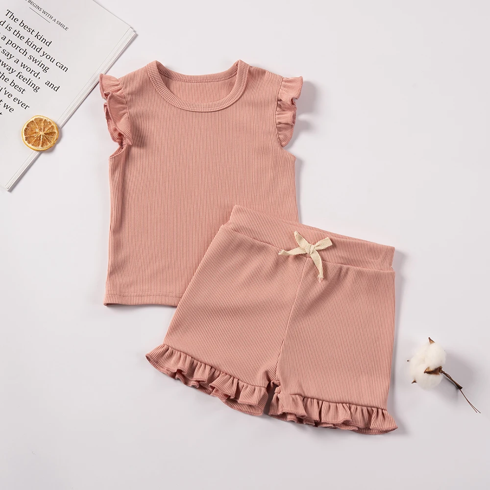 2 Piece Summer Suit for Preschool Girls Solid Color Casual Short Sleeve Shorts for Girls Comfortable and Soft Clothes - Image 3