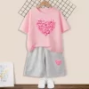 2pcs Girls Clothes Sets Summer Outfit Kids Flower Heart Short Sleeve T-Shirt Tops Shorts Cute Children Clothes Suits 3-14T - Image 2