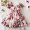 2024 New Suspend Dress for Girls Print Dress Elegant Children Summer Casual Clothes Chiffon Kids Flower Tutu Princess Dresses