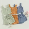 Summer Toddler Baby Girls Outfit Clothes Sets Solid Color Button Vest Ribbed Drawstring Shorts Baby Children Clothing
