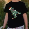 Happy Dinosaur Christmas Cartoon Print Kids T-shirts Children's Black Clothing Baby Christmas Kawaii Clothes Boys Girls Tops - Image 2