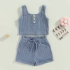 Summer Toddler Baby Girls Outfit Clothes Sets Solid Color Button Vest Ribbed Drawstring Shorts Baby Children Clothing - Image 2