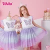 VIKITA Girls Summer Dress Butterfly Sequins Kids Flare Sleeve Gradient Dresses Baby Girl Princess Party Clothes Birthday Dresses
