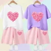 2pcs Girls Clothes Sets Summer Outfit Kids Flower Heart Short Sleeve T-Shirt Tops Shorts Cute Children Clothes Suits 3-14T