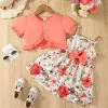 2PCS Children Girls Clothes Set Sling Floral Dress Solid Short Sleeves Overcoat Costume Summer Dress for Kids Girl 1-6 Years - Image 2